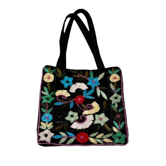 Black Small Purse Handmade Embroidered Beaded Floral Boho India 2 Handles EUC - Picture 1 of 13